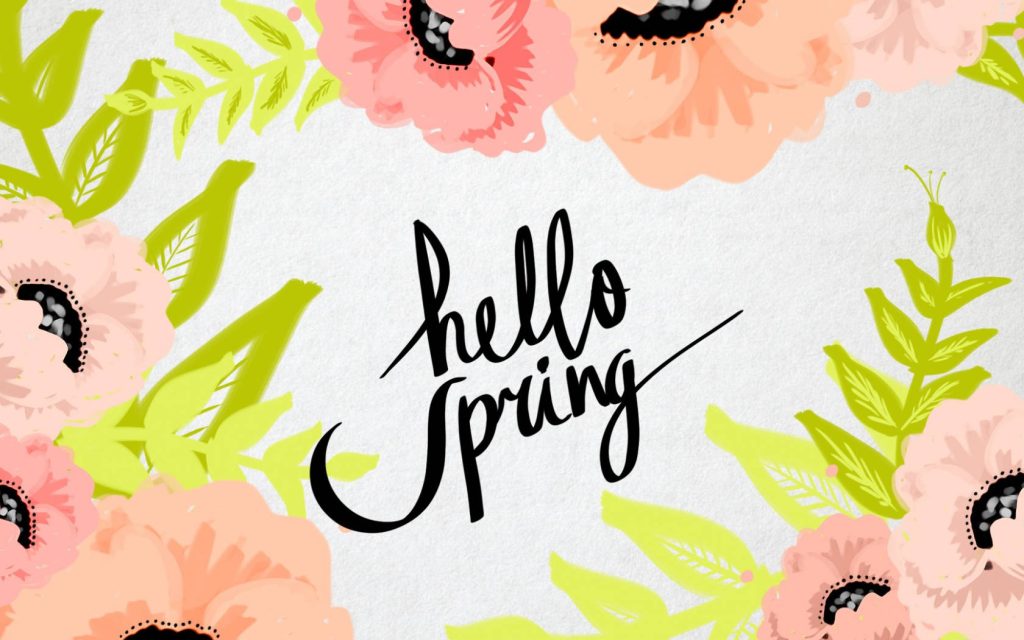 Hello Spring wallpaper with pink blooms lime green leaves and elegant black cursive calligraphy