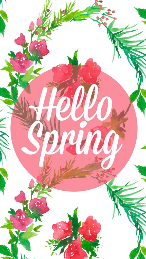 Hello Spring wallpaper with white cursive text pink circle green watercolor foliage flowers background