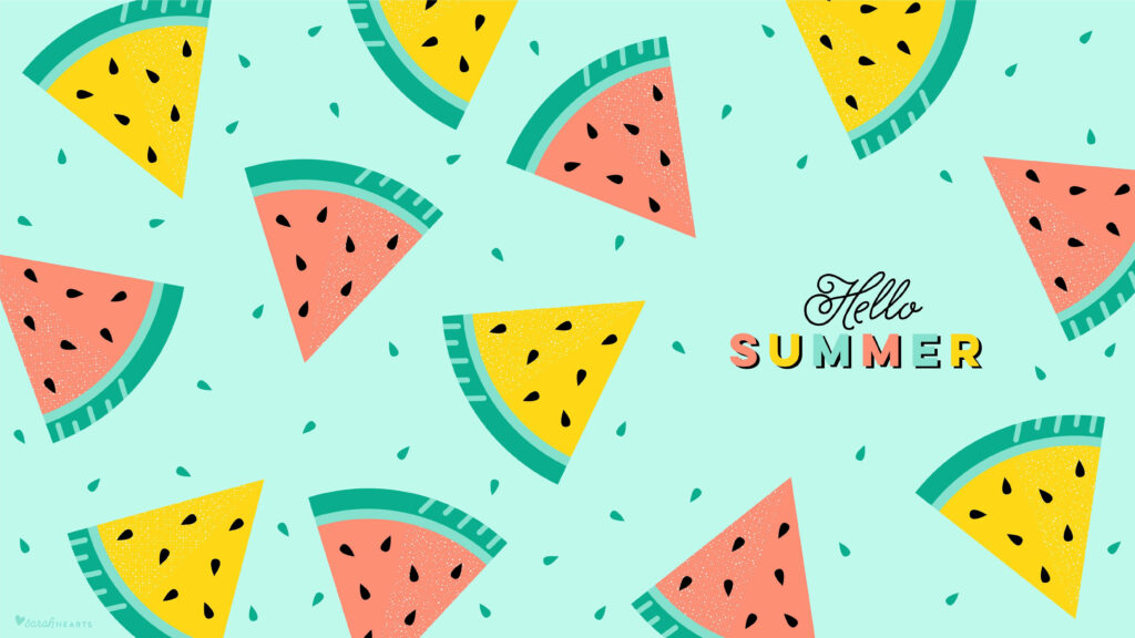 Playful pink and yellow watermelon slices on mint background with Hello SUMMER text wallpaper