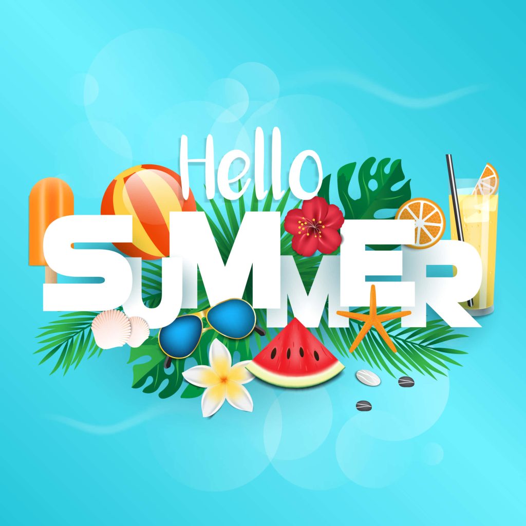 Colorful Hello Summer graphic with watermelon cocktail hibiscus beach ball palm leaves background Wallpaper