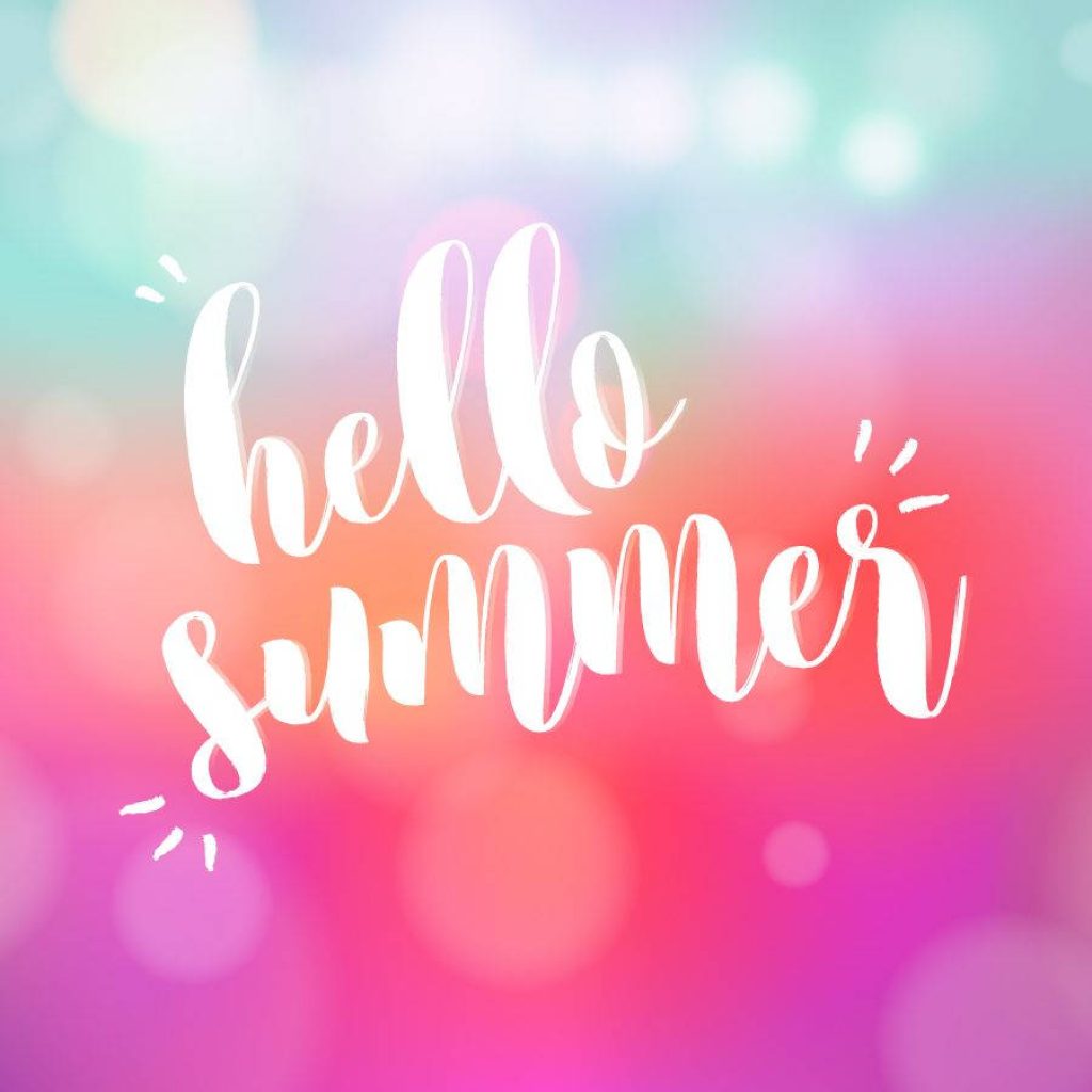 Hello Summer wallpaper with white script text on teal and magenta gradient and bokeh lights