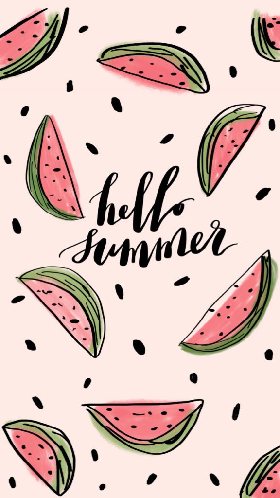 Hello Summer wallpaper with watermelon slices black seeds pastel pink background summer vibe