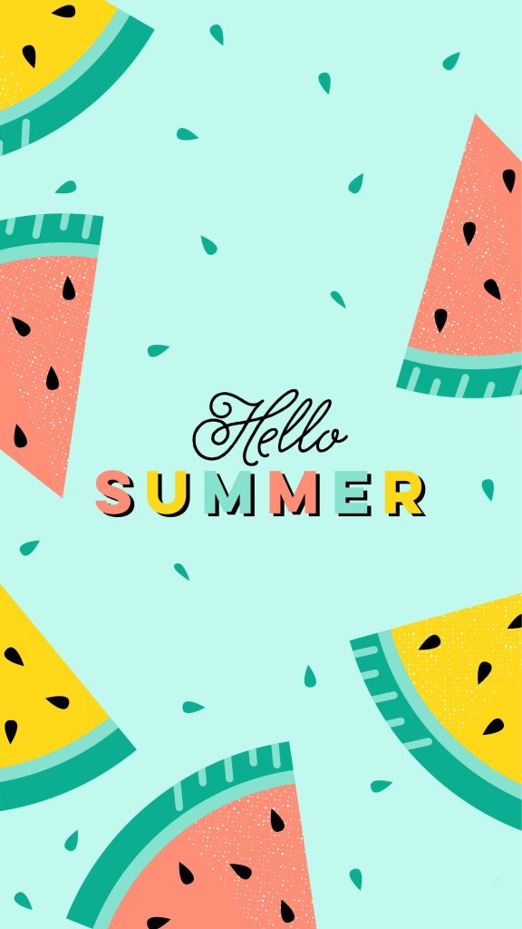 Hello Summer wallpaper with red yellow watermelon slices on refreshing mint green background