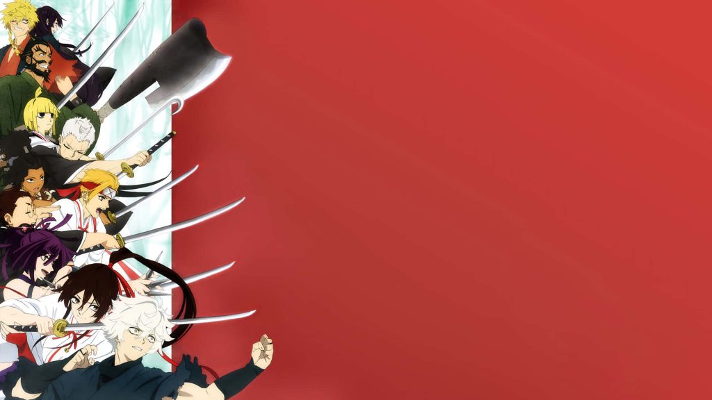 Hell's Paradise anime wallpaper Gabimaru and warriors with swords on bold red background
