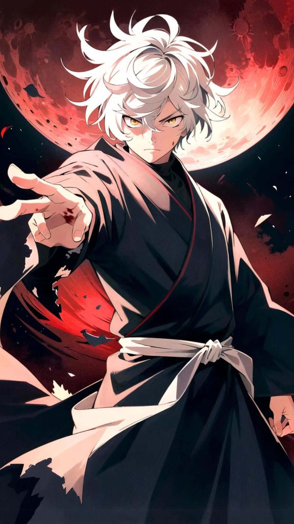 Gabimaru ninja in dark gi with white sash under red moon Hell's Paradise anime wallpaper