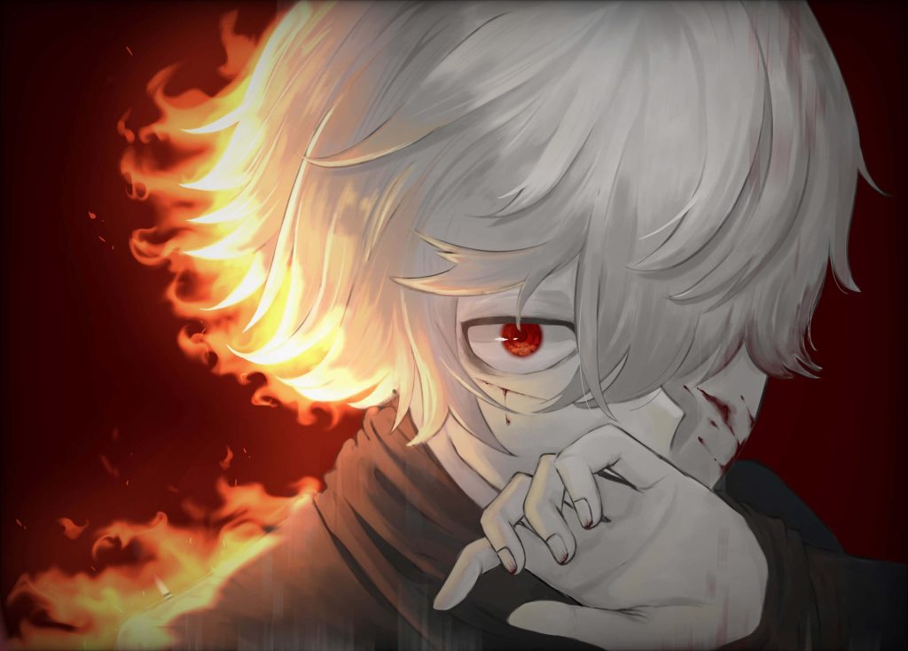 Hell's Paradise anime wallpaper with Gabimaru the Hollow white hair red eye blazing flames background
