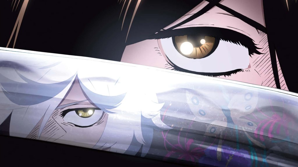 Hell's Paradise anime wallpaper with Gabimaru’s katana and Sagiri Yamada Asaemon intense eyes