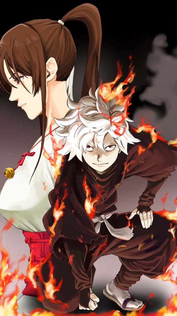 Hell's Paradise anime wallpaper featuring Gabimaru the Hollow and Yamada Asaemon Sagiri in flames