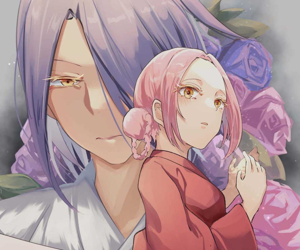Hell's Paradise anime wallpaper Yui purple hair Mei pink style with lush purple roses background