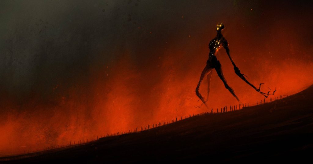 Dark fantasy wallpaper featuring a towering demon with glowing eyes in a fiery apocalyptic landscape