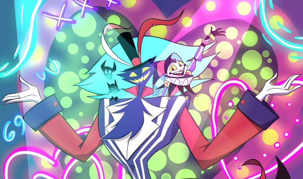 Helluva Boss digital art Asmodeus and Fizzarolli neon polka-dot vibrant performance wallpaper