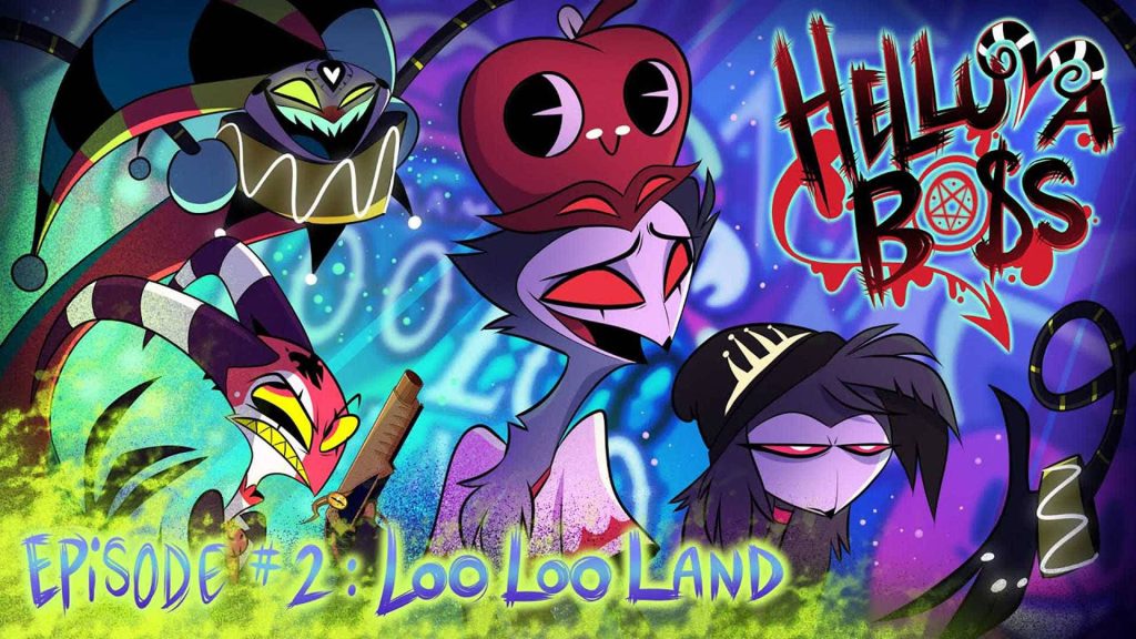 Helluva Boss Episode 2 wallpaper with Blitzø Stolas Octavia Robo Fizz neon carnival background