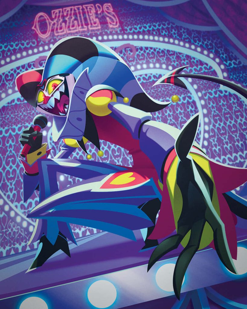 Helluva Boss wallpaper featuring Fizzarolli performing with microphone in vibrant purple stage lighting