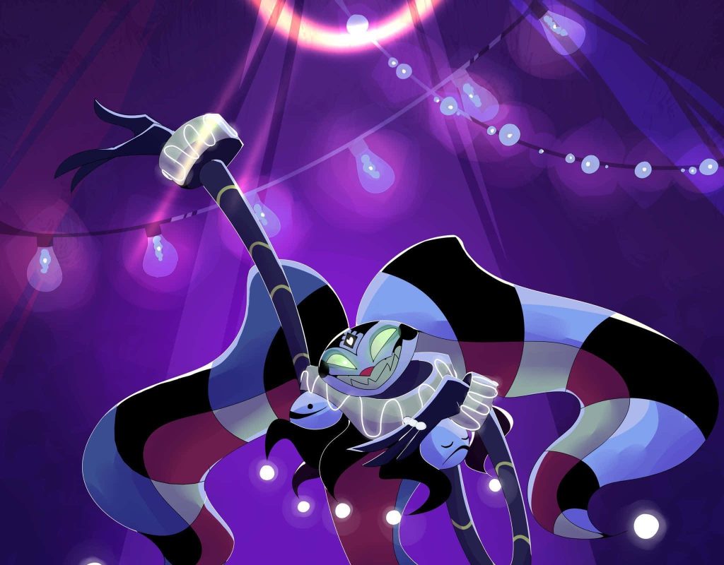 Fizzarolli from Helluva Boss in dynamic pose with glowing lights and purple checkered background Wallpaper