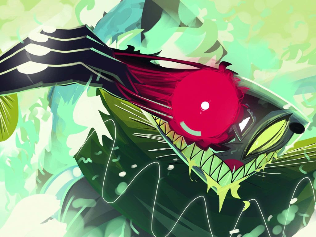 Dynamic Fizzarolli Helluva Boss wallpaper sharp digital art glowing magenta eye demon jester