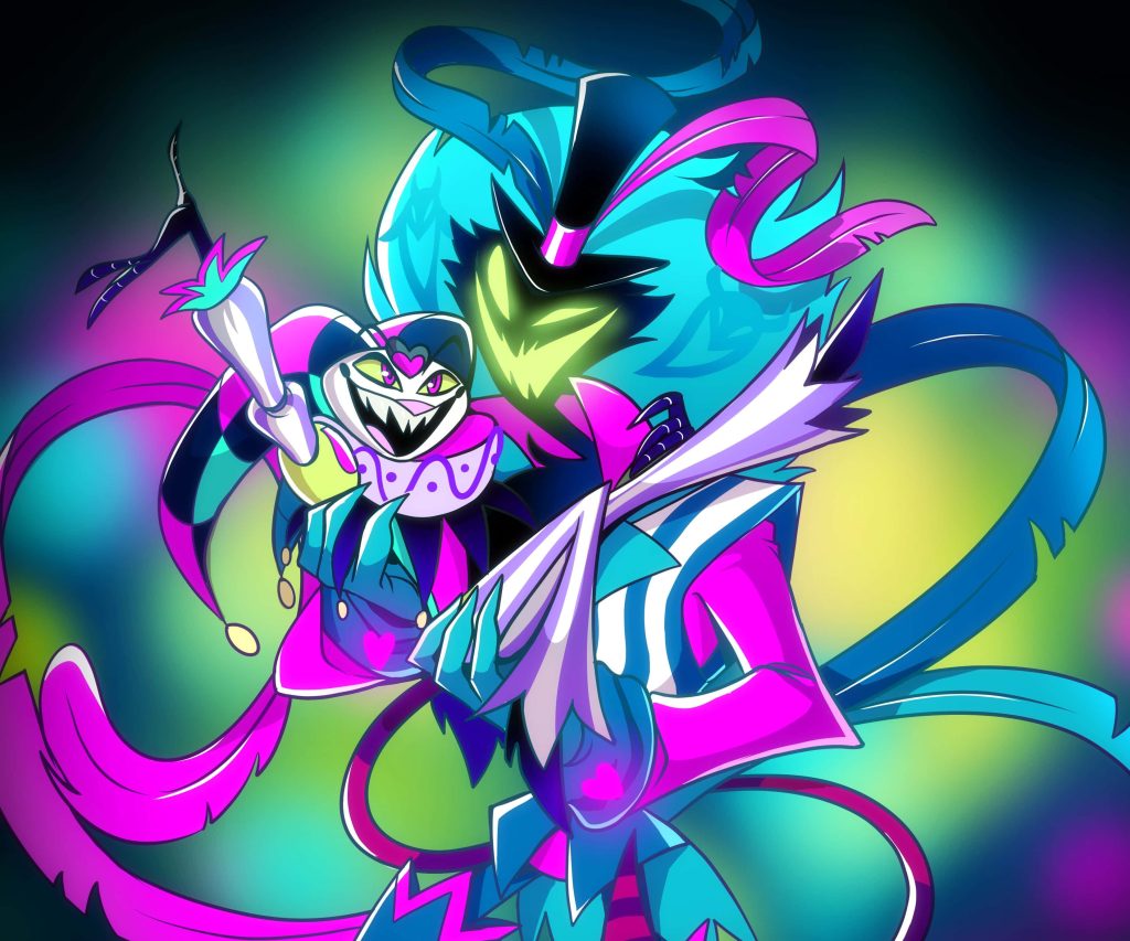 Helluva Boss wallpaper featuring neon pink cyan green Fizzarolli and Asmodeus demon duo artwork