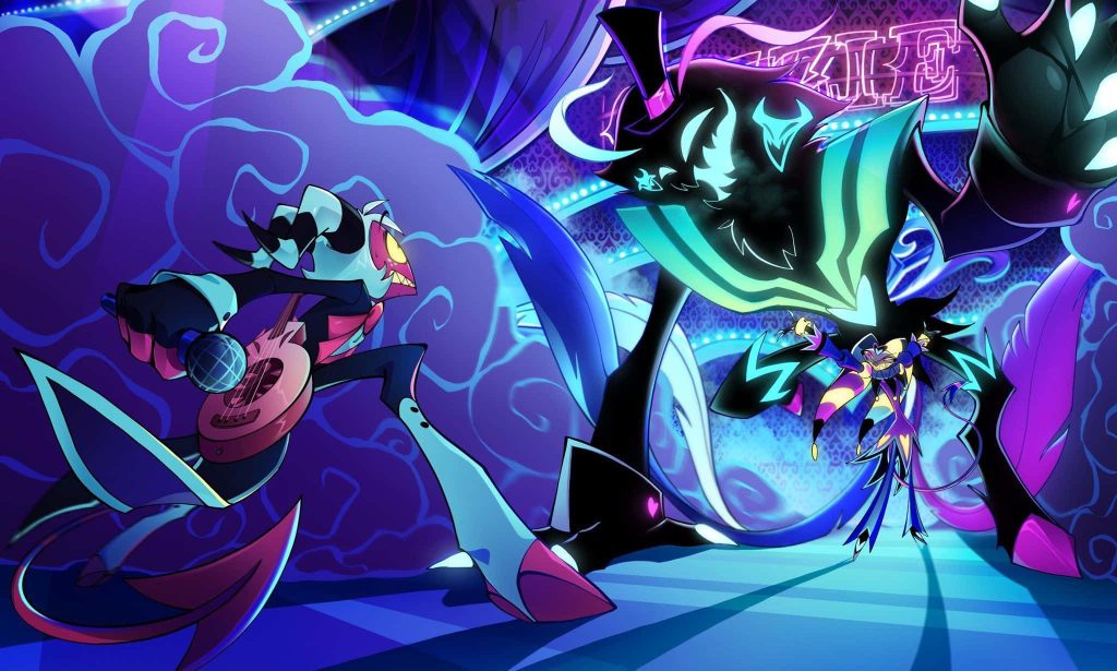 Helluva Boss wallpaper with Fizzarolli and Asmodeus neon stage performance vibrant digital art
