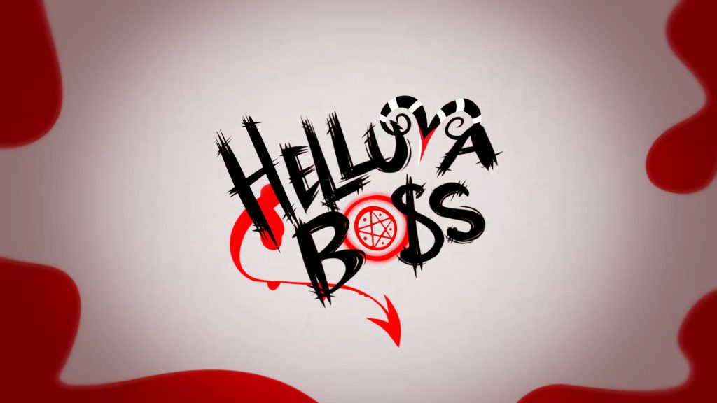 Helluva Boss logo wallpaper with jagged black text red devil tail pentagram blood splatters background