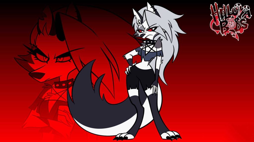 Helluva Boss wallpaper featuring Loona punk hellhound character on bold red background digital art