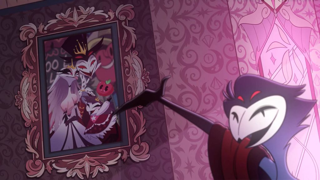 Helluva Boss wallpaper of Prince Stolas in pink manor showing family portrait with Stella and Octavia