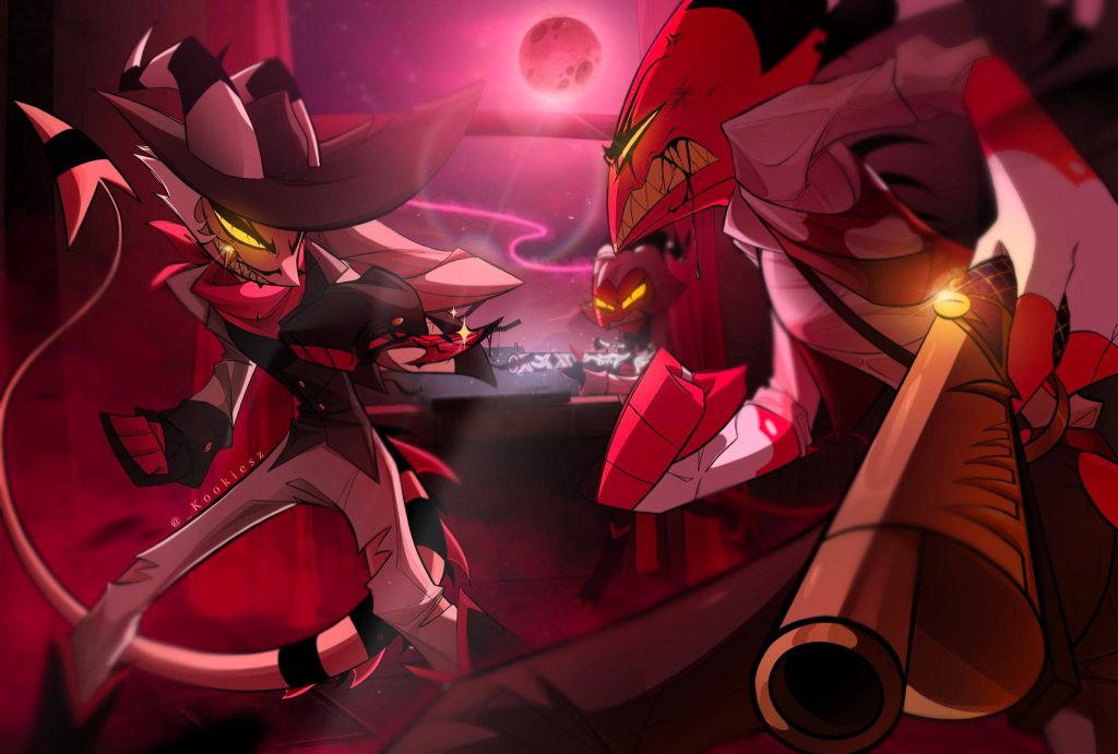 Helluva Boss wallpaper with Striker and Blitzø standoff and Moxxie ready to intervene