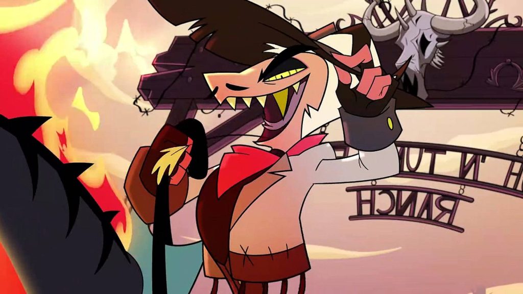 Helluva Boss wallpaper of Striker cowboy assassin with fiery Western background vibrant 2D art