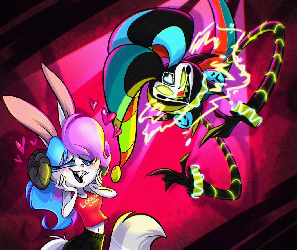 Helluva Boss wallpaper featuring neon jester Fizzarolli and rabbit fan in vibrant pink lighting