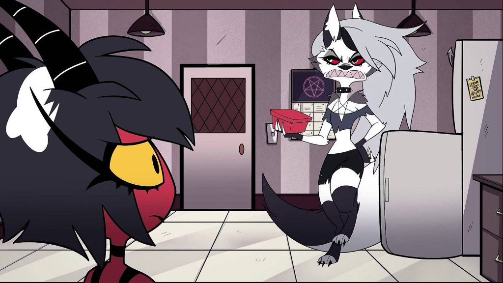 Helluva Boss wallpaper Loona snarling at Millie in I.M.P. office kitchen vibrant animated scene