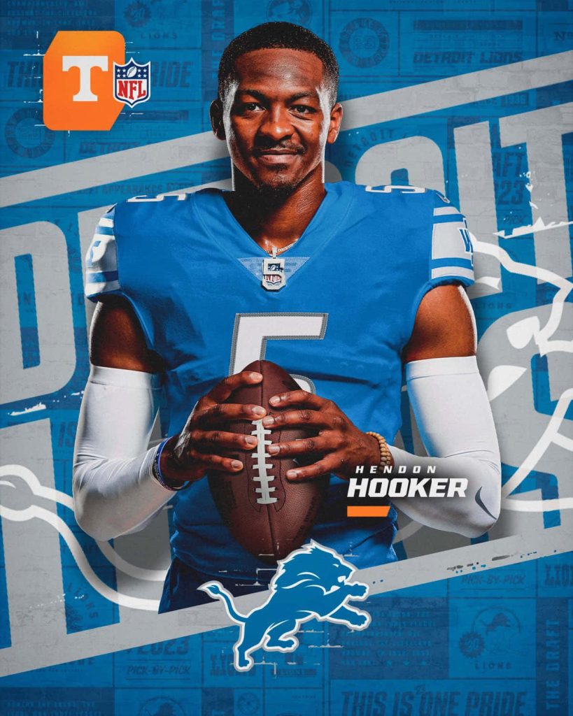 Hendon Hooker Detroit Lions wallpaper blue jersey number 5 NFL quarterback bold team logo background
