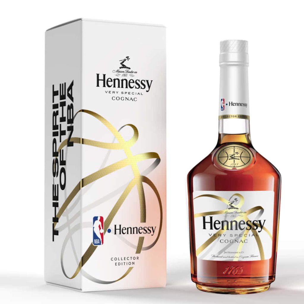 Hennessy Very Special Cognac NBA Collector Edition bottle with basketball-themed box on wallpaper