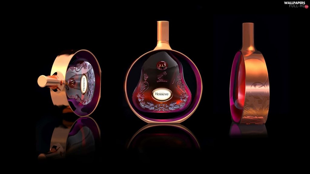 Hennessy XO Cognac 3D render showing amber bottle in copper frame on black luxury background Wallpaper
