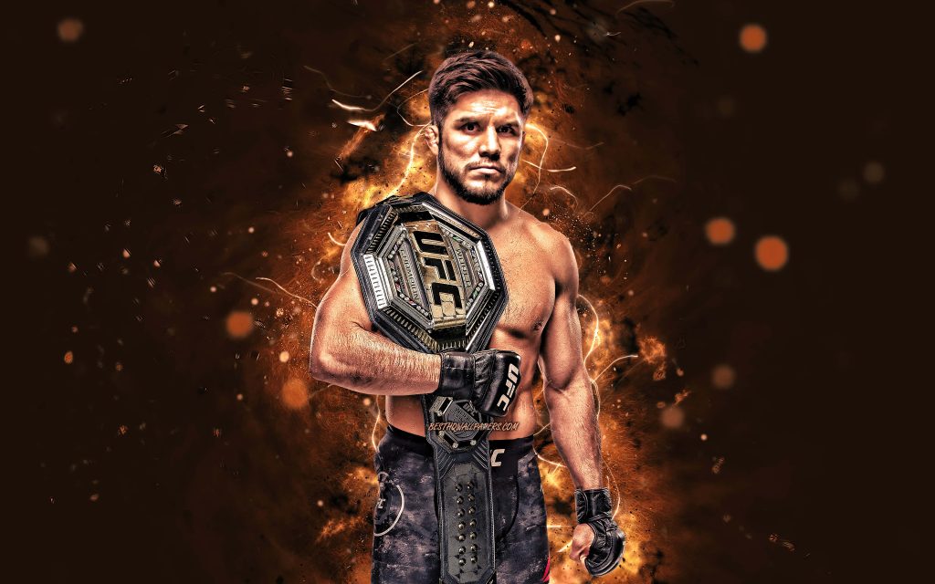 Henry Cejudo UFC champion digital fanart shirtless with gloves fiery cinematic background wallpaper