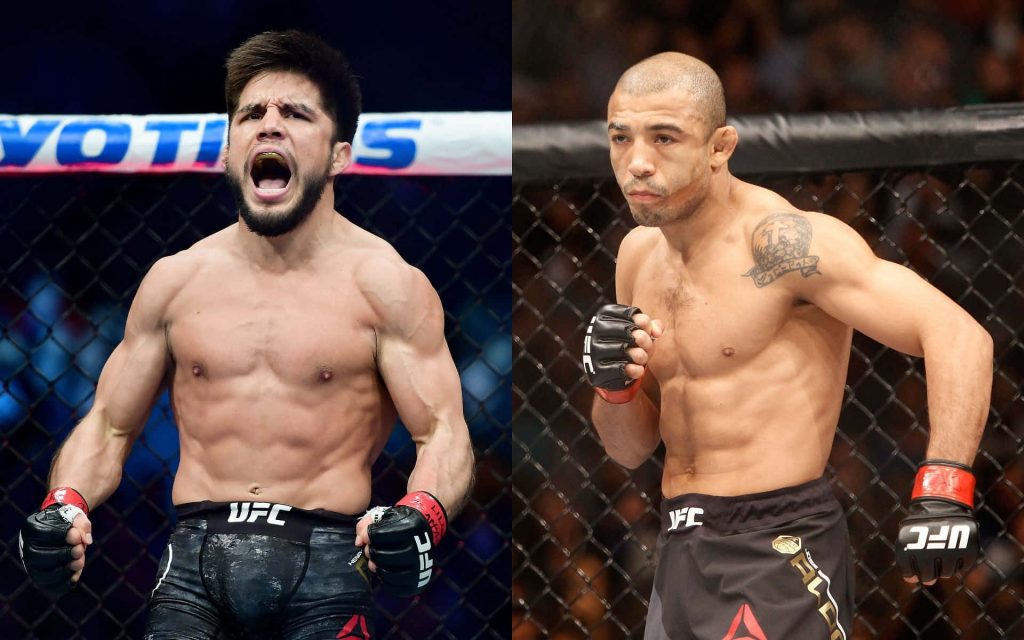 Split-screen MMA wallpaper of UFC legends Henry Cejudo celebrating and Jose Aldo fighting intense