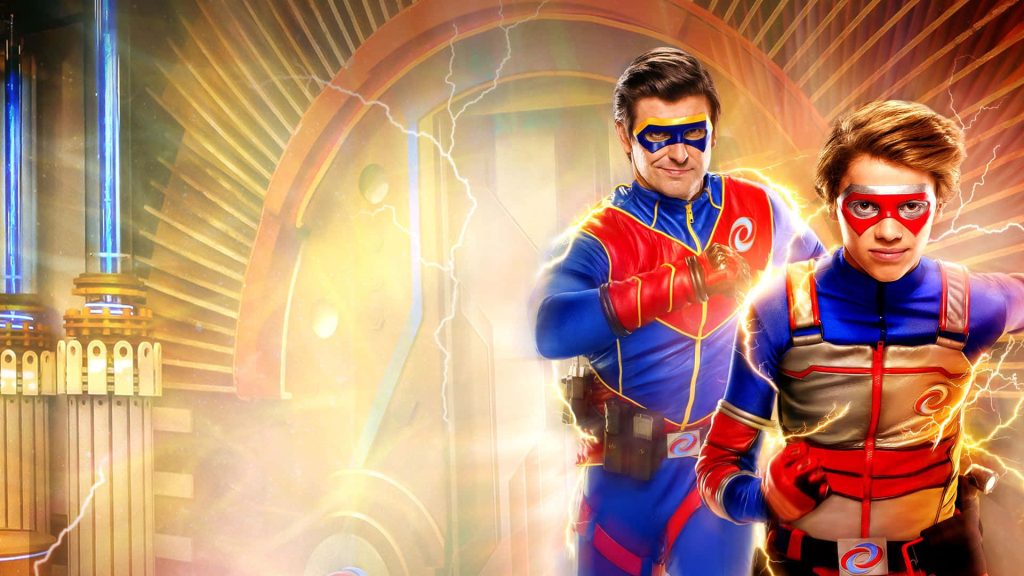 Henry Danger wallpaper featuring Captain Man and Kid Danger in blue and red suits with lightning background