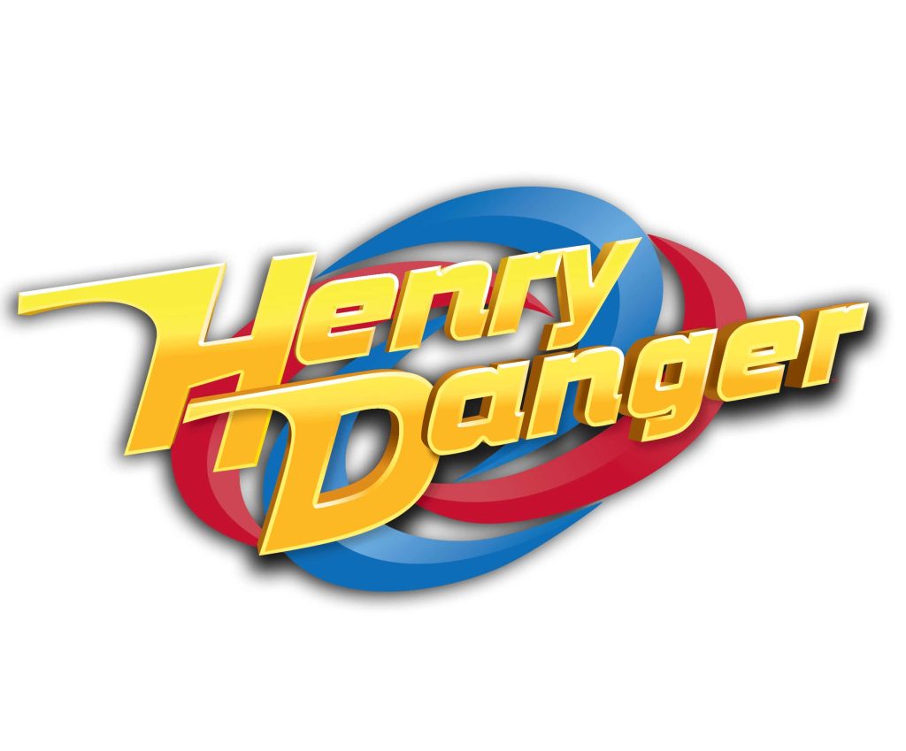 Henry Danger wallpaper with bold 3D yellow logo over vibrant blue and red abstract swirl background
