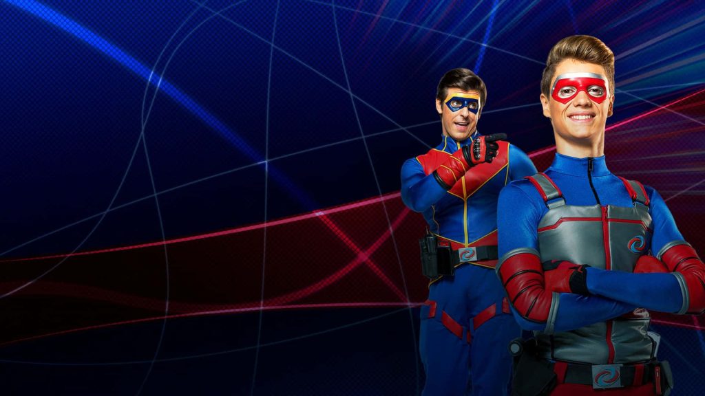 Henry Danger wallpaper with Captain Man and Kid Danger in vibrant blue red tech background