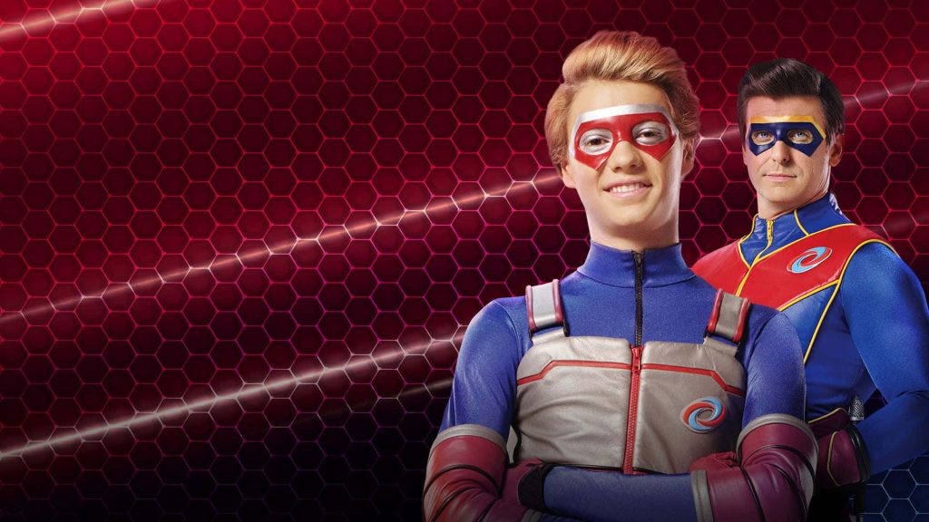 Henry Danger wallpaper featuring Kid Danger and Captain Man on vibrant red hex grid background