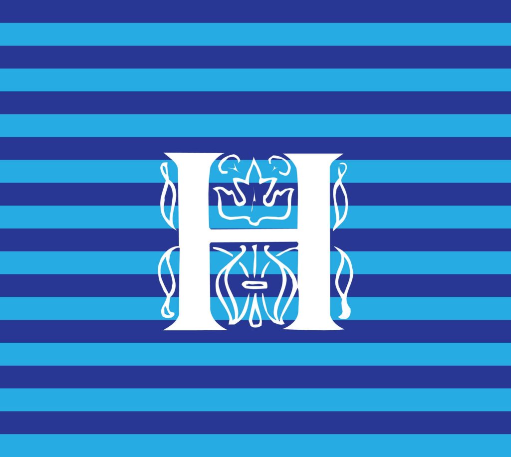 White capital H with heraldic emblem on blue striped digital wallpaper background
