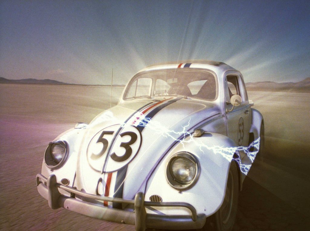 Herbie the Love Bug white Beetle number 53 racing desert blue lightning energy wallpaper