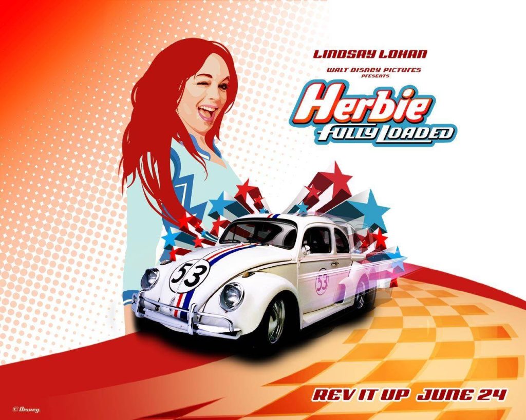 Herbie Fully Loaded poster with Lindsay Lohan and white Volkswagen Beetle on checkered track Wallpaper