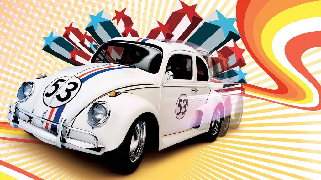 Herbie the Love Bug number 53 white VW Beetle with retro pop-art stars and motion blur background Wallpaper