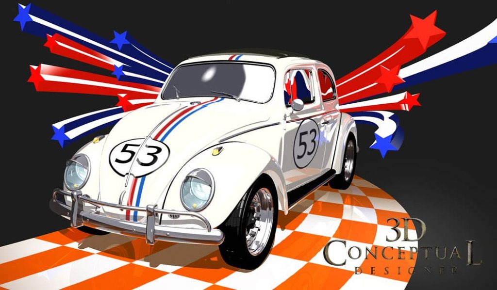 3D digital art of Herbie Volkswagen Beetle #53 racing car on checkered floor with stars wallpaper