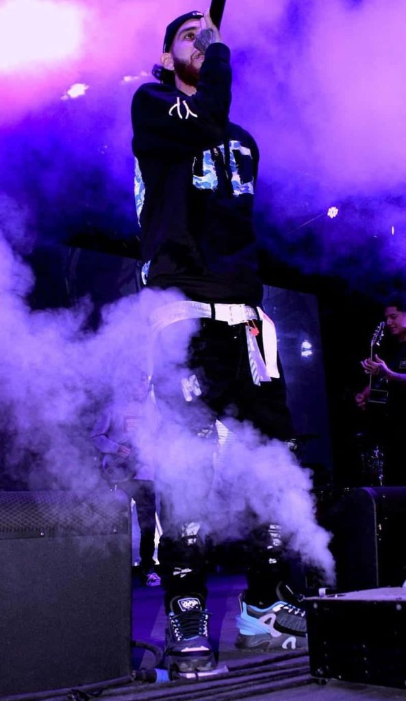 Herencia de Patrones lead singer on stage in black hoodie smoky concert with blue purple lights Wallpaper