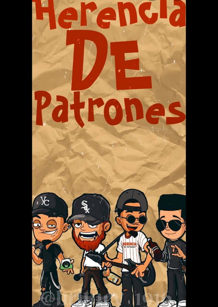 Herencia de Patrones band caricature wallpaper with bold red logo on textured tan background