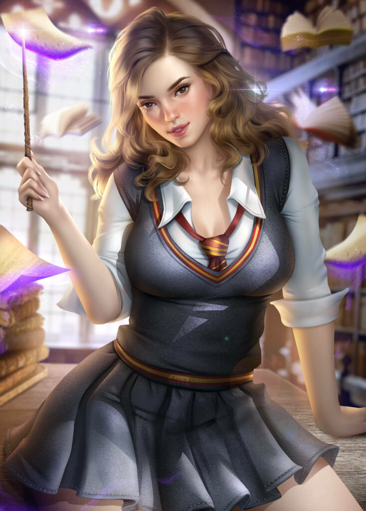 Hermione Granger fan art in magical library with floating spell books confident enchanting wallpaper