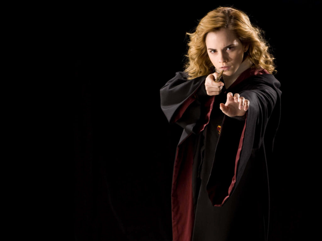 Hermione Granger Wallpaper: Dynamic Pose with Wand on Black Background