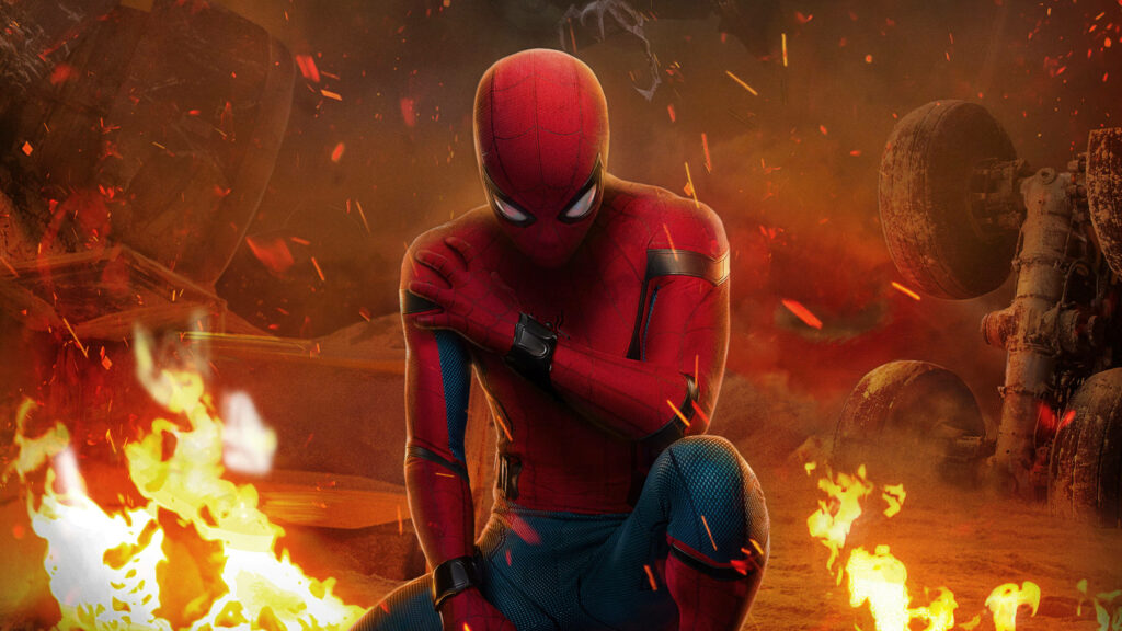 Spider-Man kneeling in fiery flames and debris with vibrant orange glow heroic wallpaper background