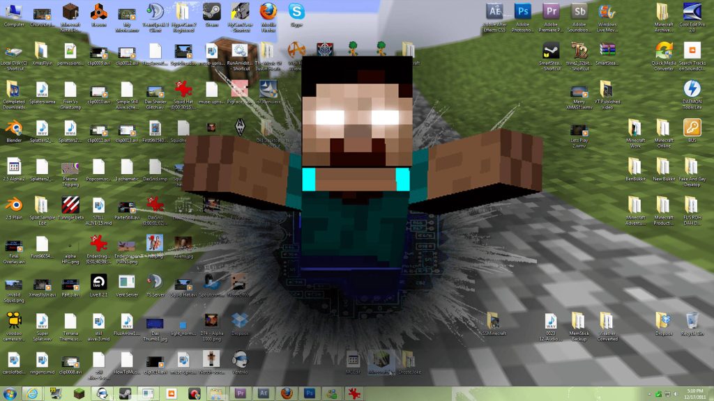 Herobrine breaking through pixelated grass block on cluttered Minecraft desktop wallpaper background