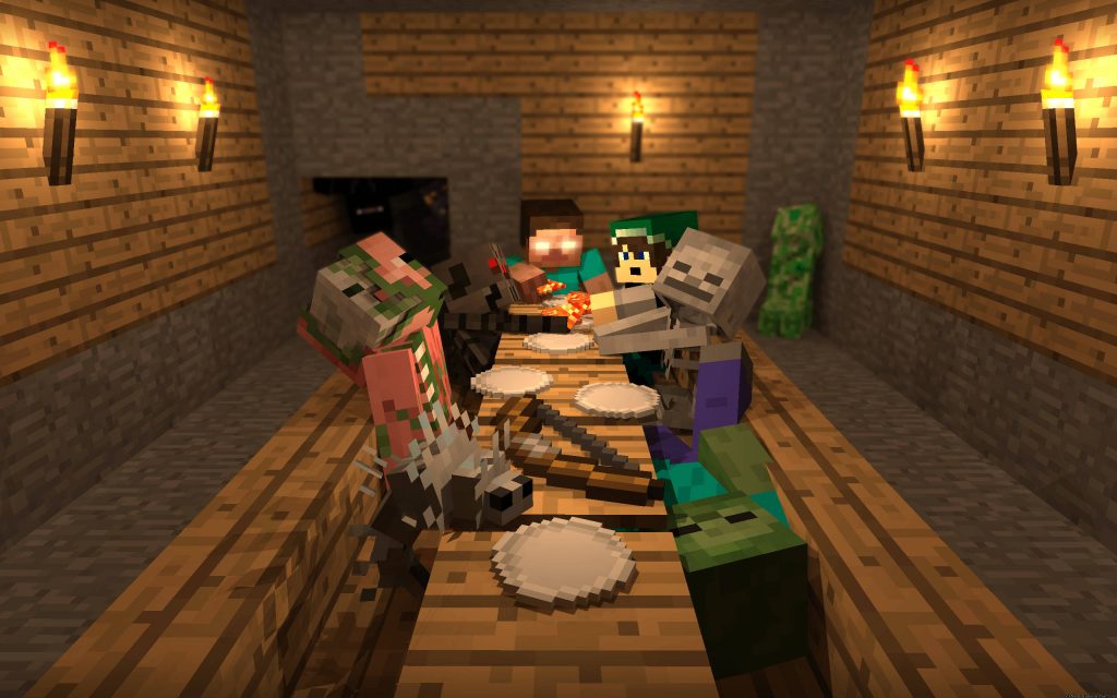 Herobrine hosts spooky Minecraft dinner with skeleton zombie pigman wolf in torchlit hall background Wallpaper