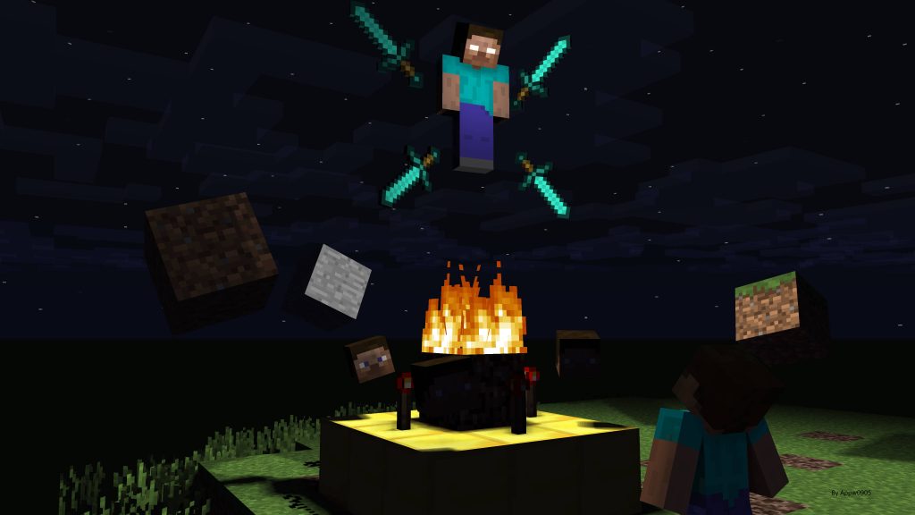 Herobrine ritual with glowing eyes levitating diamond swords and Steve in dark Minecraft scene Wallpaper